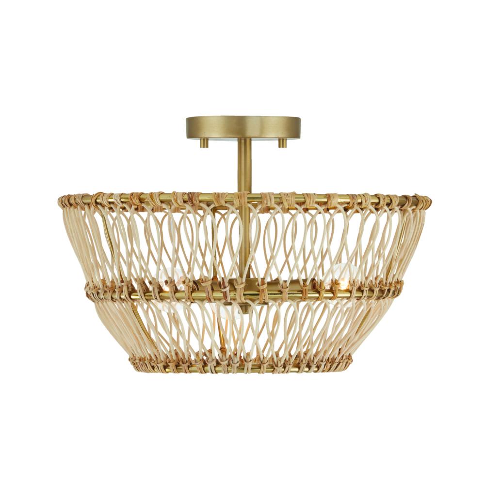 3-Light Dual Mount Pendant or Semi-Flush in Matte Brass with Natural Rattan