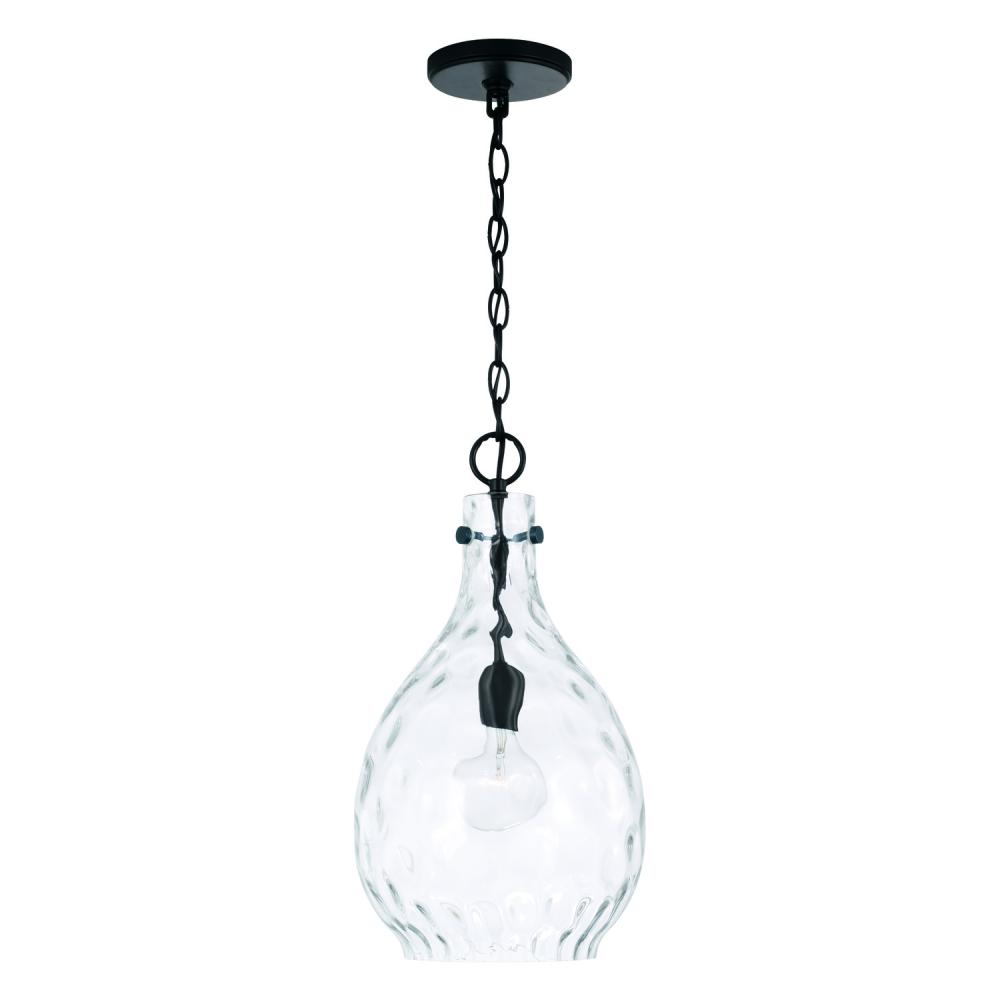 1-Light Pendant in Matte Black with Clear Teardrop Water Glass